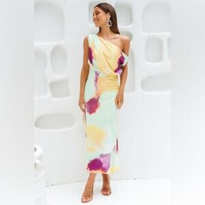 Hello Molly Talk To Me Midi Dress Size 8 – One Shoulder Satin Pastel Print